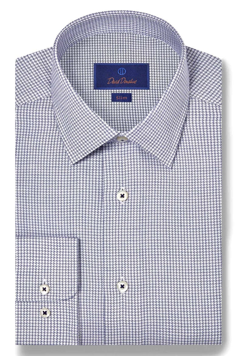 Slim Fit Micro Check Stretch Cotton Twill Dress Shirt, Main, color, NAVY/ WHITE