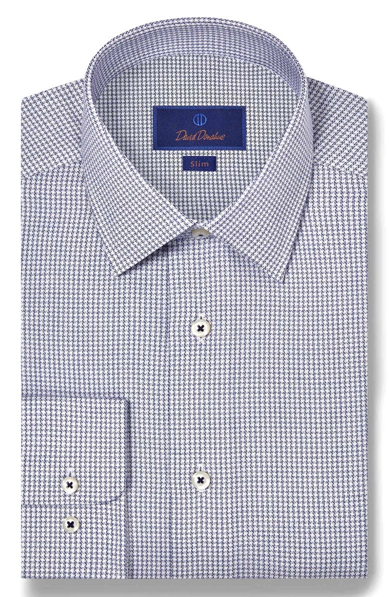 David Donahue Slim Fit Micro Check Stretch Cotton Twill Dress Shirt, Main, color, Navy/ White