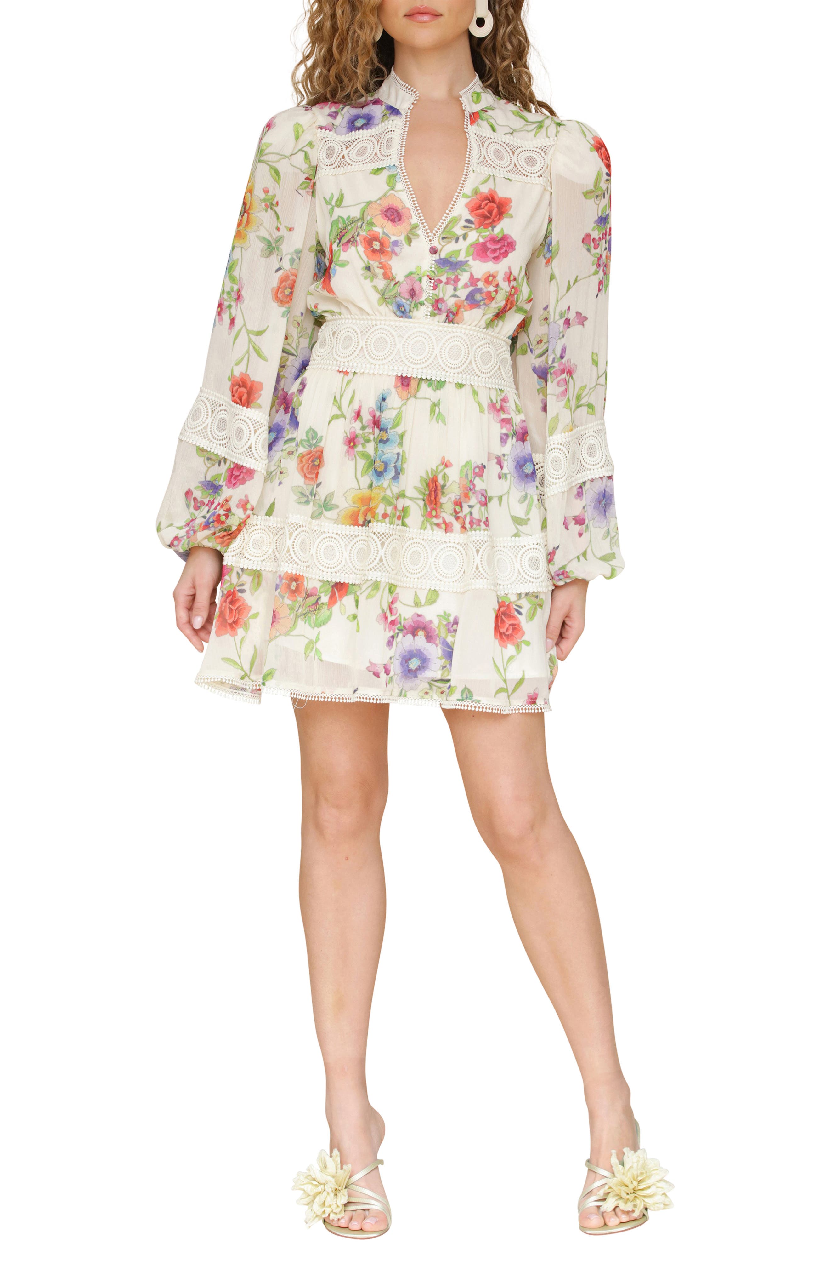 avec les filles women's floral-print lace-trim chiffon dress Floral Lace Detail Long Sleeve Minidress (Women)