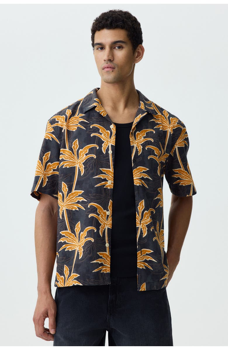 H&M Relaxed Fit Cotton Resort Shirt, Main, color, Black/Palm Trees