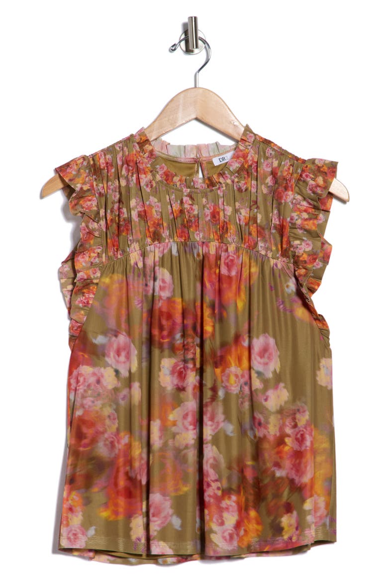 Floral Flutter Sleeve Mesh Top, Alternate, color, TAN
