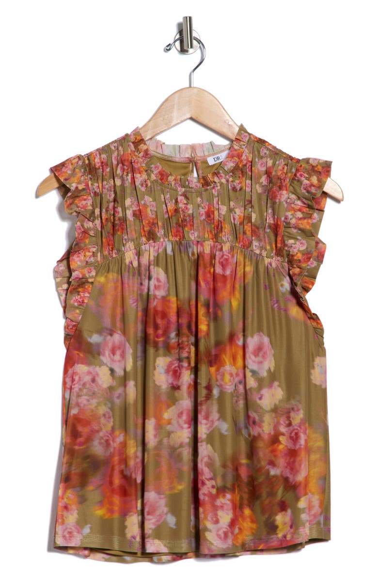 DR2 by Daniel Rainn Floral Flutter Sleeve Mesh Top, Main, color, Tan