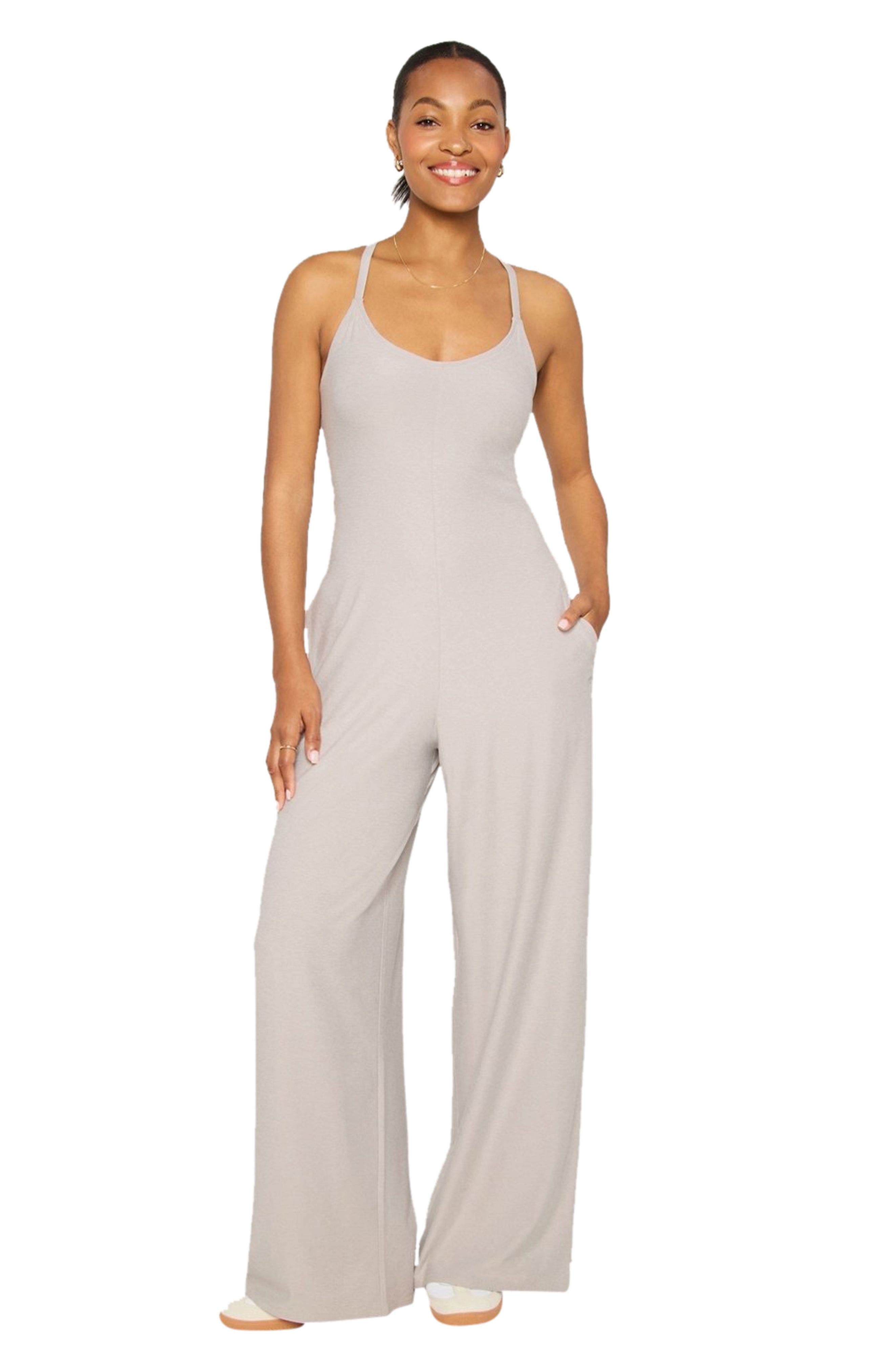 Fabletics Cloud Jersey Wide Leg Jumpsuit in Light Sand Heather 