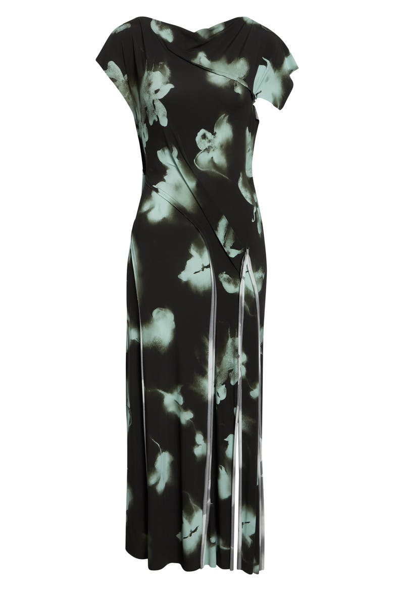 Blurred Floral Print Draped Jersey Dress, Alternate, color, HUNTER GREEN / LIGHT AQUA