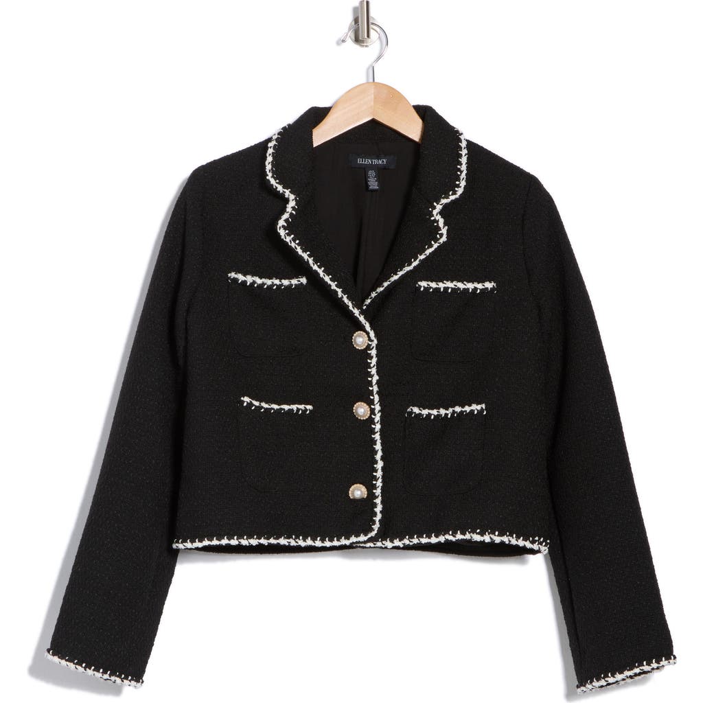 Ellen Tracy Contrast Trim Tweed Blazer In Black