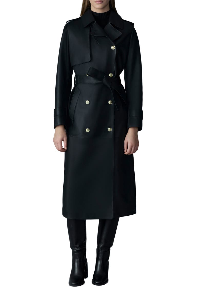 Gael-V Double Breasted Lambskin Leather Trench Coat, Main, color, BLACK-GOLD