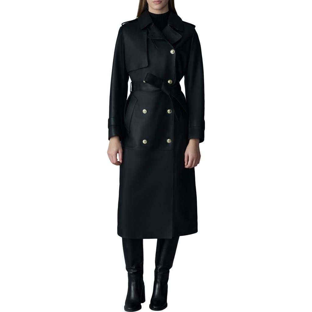 Mackage Gael-V Double Breasted Lambskin Leather Trench Coat in Black-Gold at Nordstrom, Size X-Small