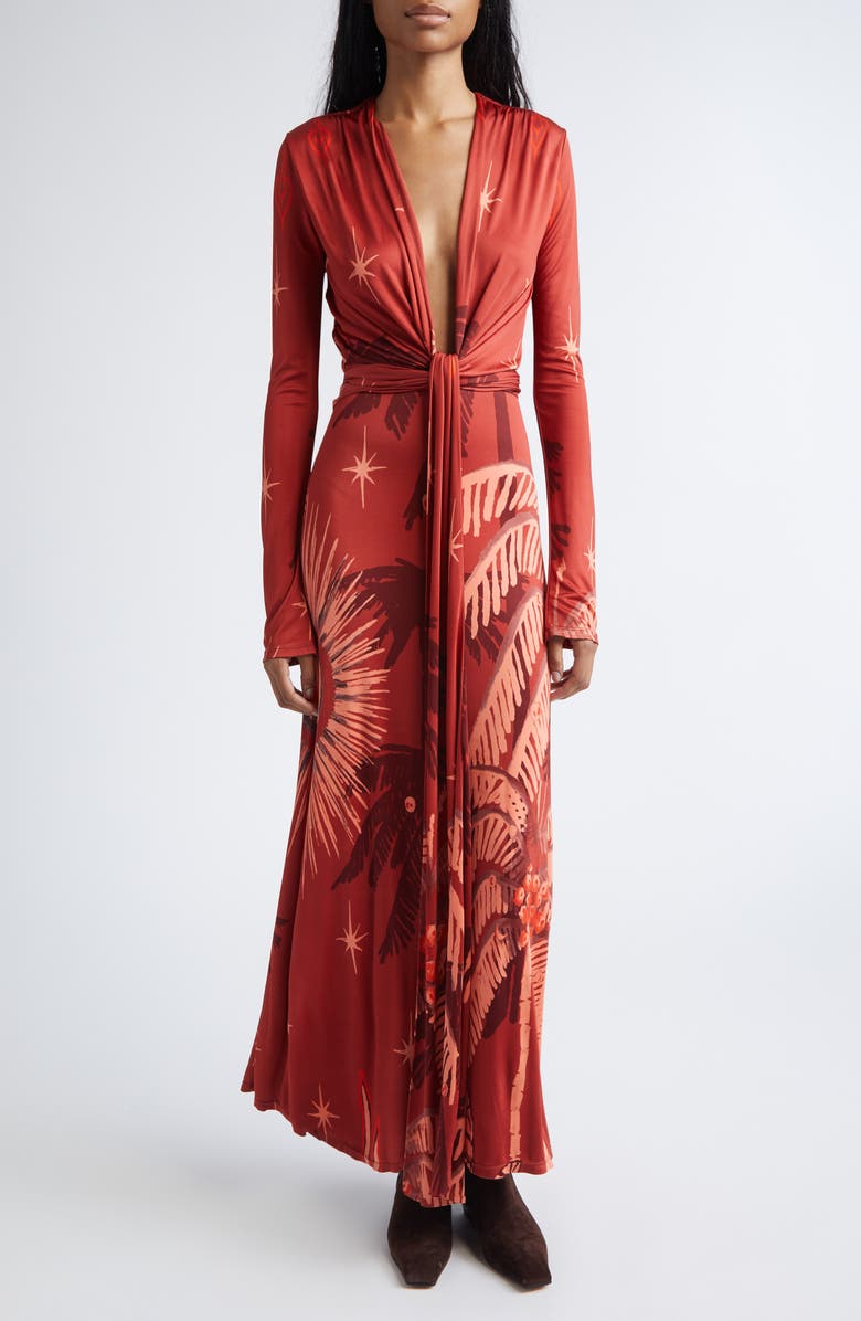 Johanna Ortiz Coral Marino Tropical Print Long Sleeve Jersey Maxi Dress, Main, color, Red / Wine