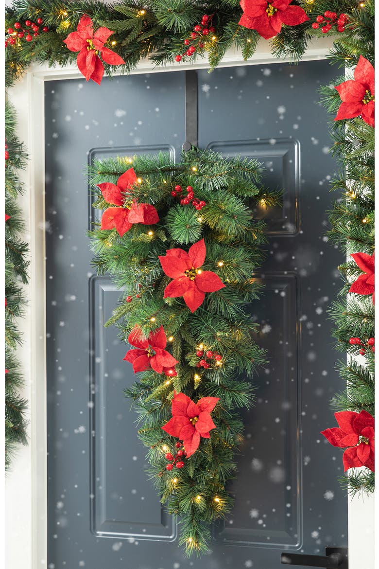 3ft Pre-Lit Poinsettia Christmas Teardrop Wreath with Timer, Alternate, color, Green