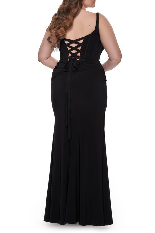 La Femme Jersey Long Plus Size Dress With Bustier Top And Tie Back