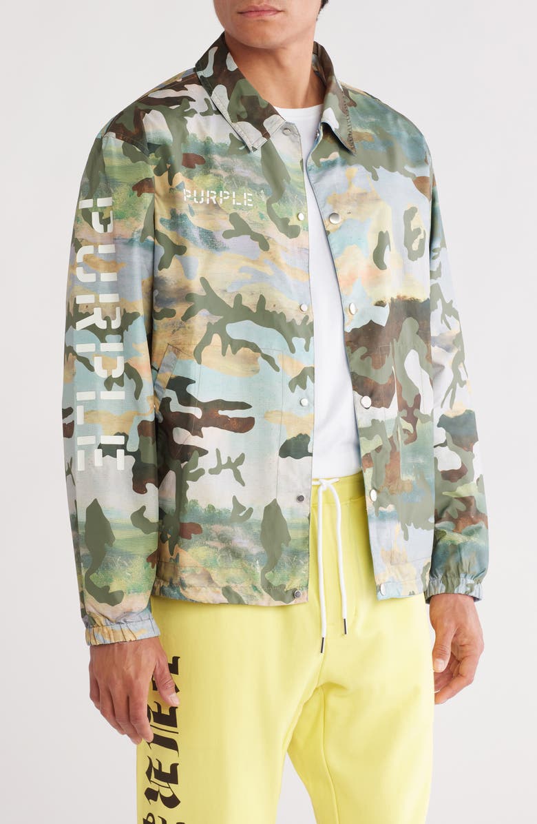 PURPLE BRAND Camo Print Reversible Snap Front Coat, Main, color, 
