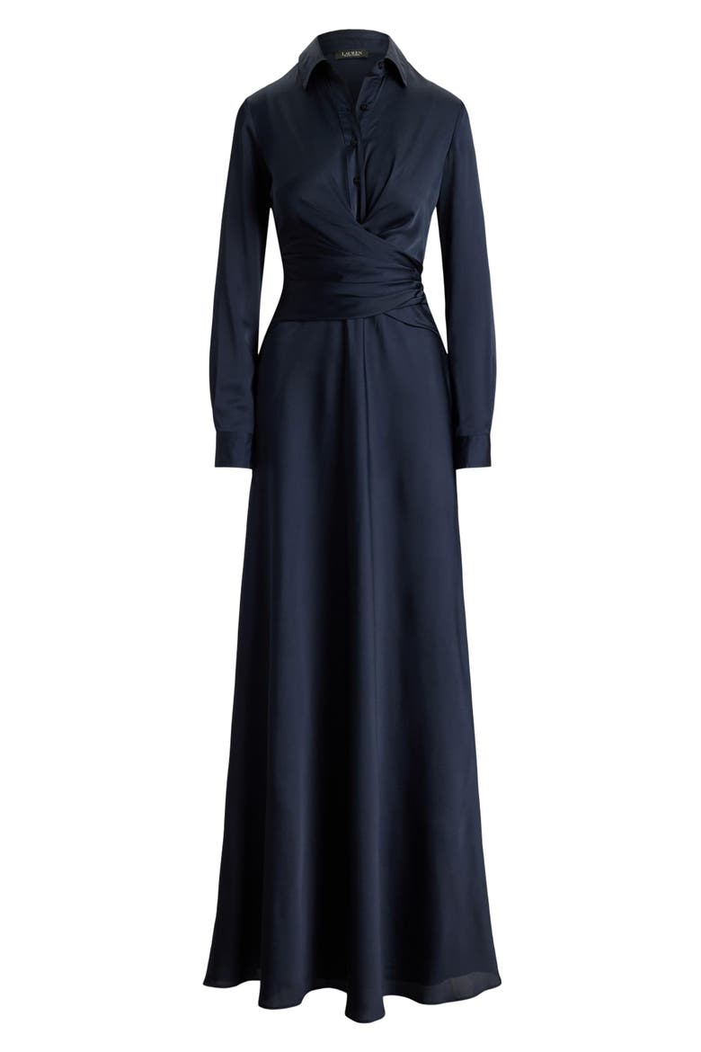 Featherweight Satin Charmeuse Shirtdress Gown, Alternate, color, LAUREN NAVY