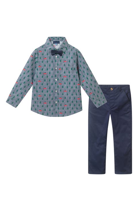 Kids' Holiday Chambray Button-Down Shirt, Pants & Bow Tie Set