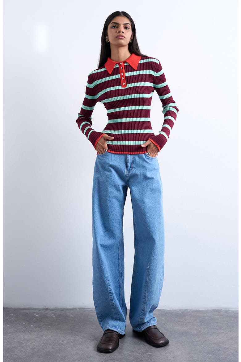 Stripe Long Sleeve Rib Polo, Alternate, color, BURGUNDY MULTI