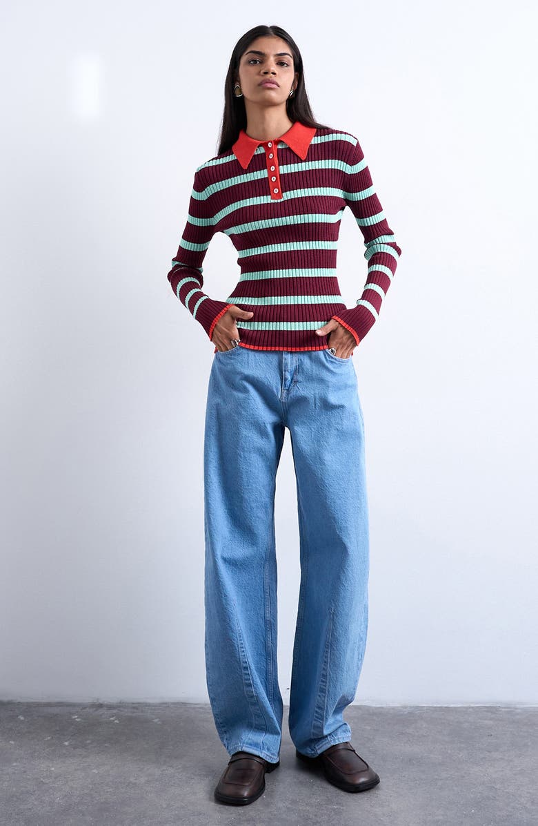 Topshop Stripe Long Sleeve Rib Polo, Alternate, color, Burgundy Multi