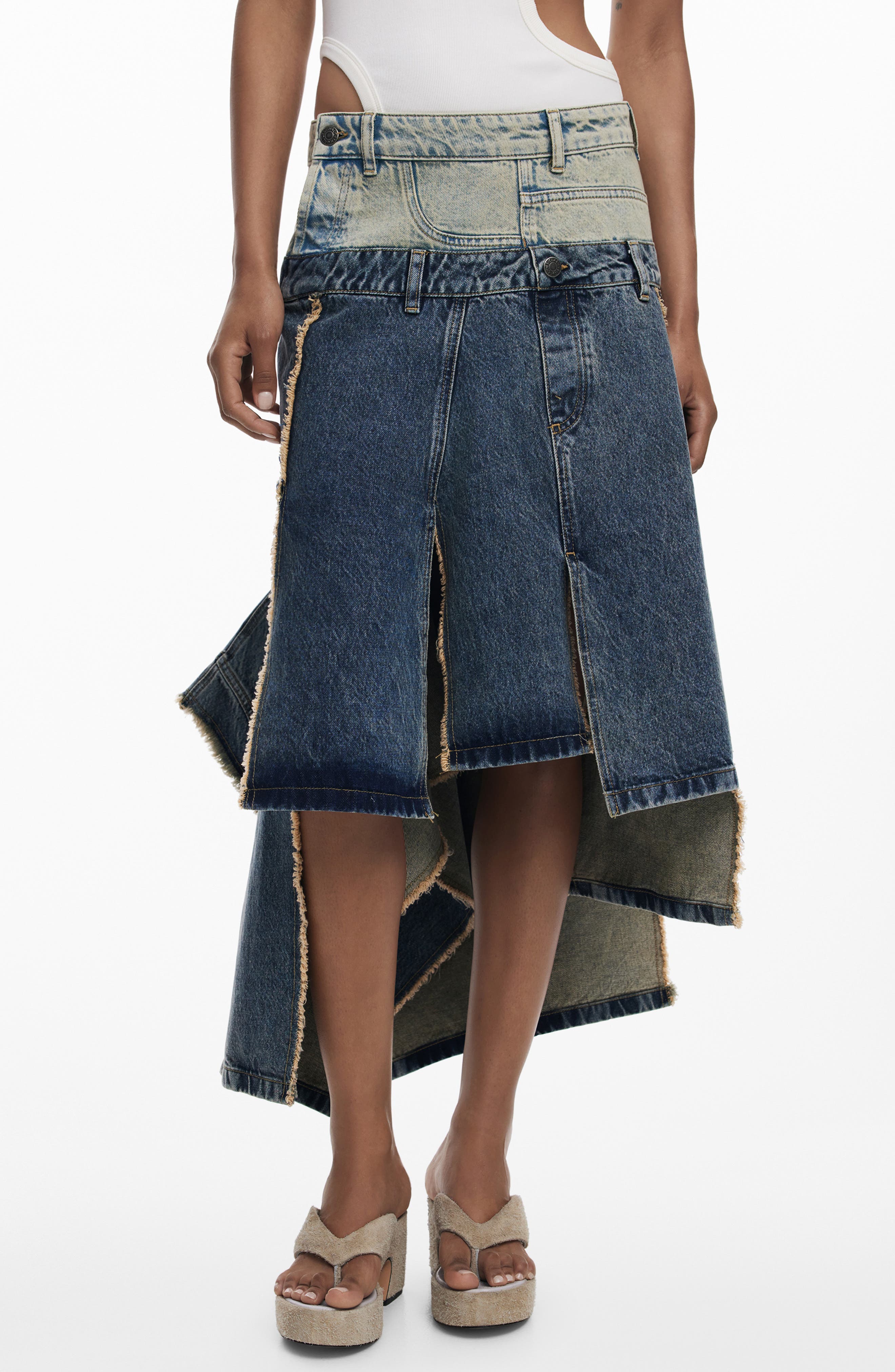 Two Tone Ruffle Denim Skirt