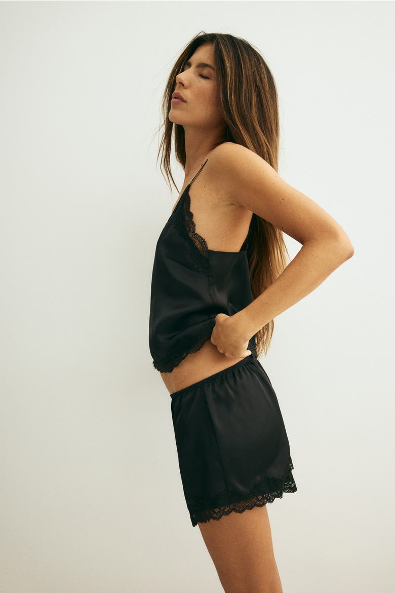 Lace-trimmed Satin Pyjamas, Alternate, color, Black