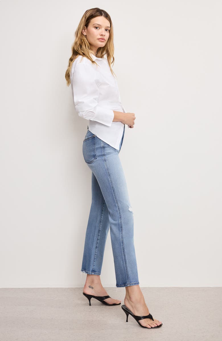 Good American Soft-Tech Good Curve Ripped High Waist Ankle Straight Leg Jeans, Alternate, color, Indigo1072