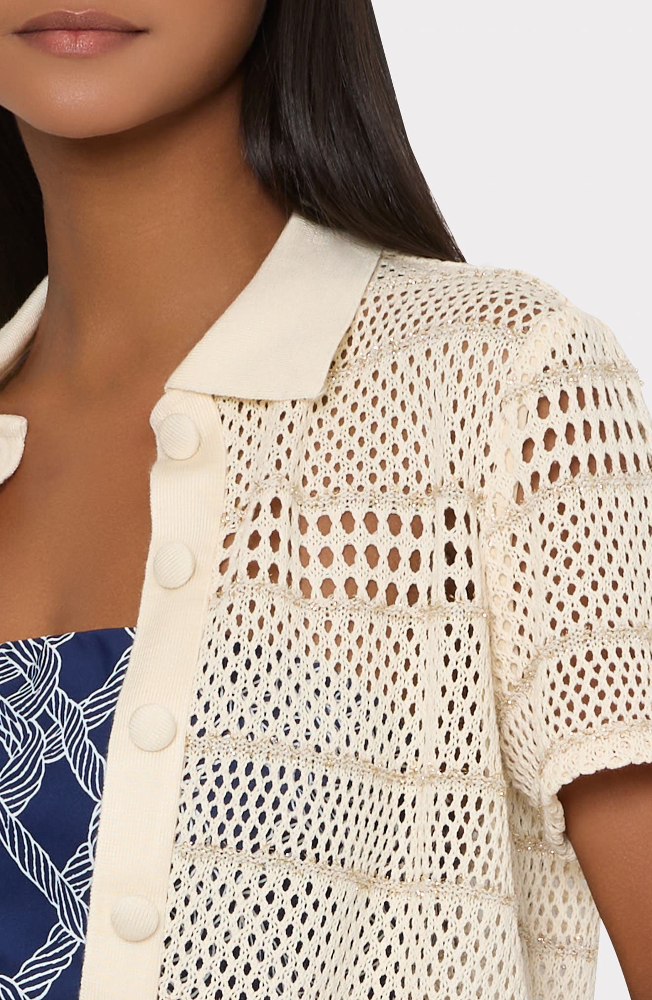 Metallic Sheer Open Stitch Button-Up Cover-Up Shirt - image 2