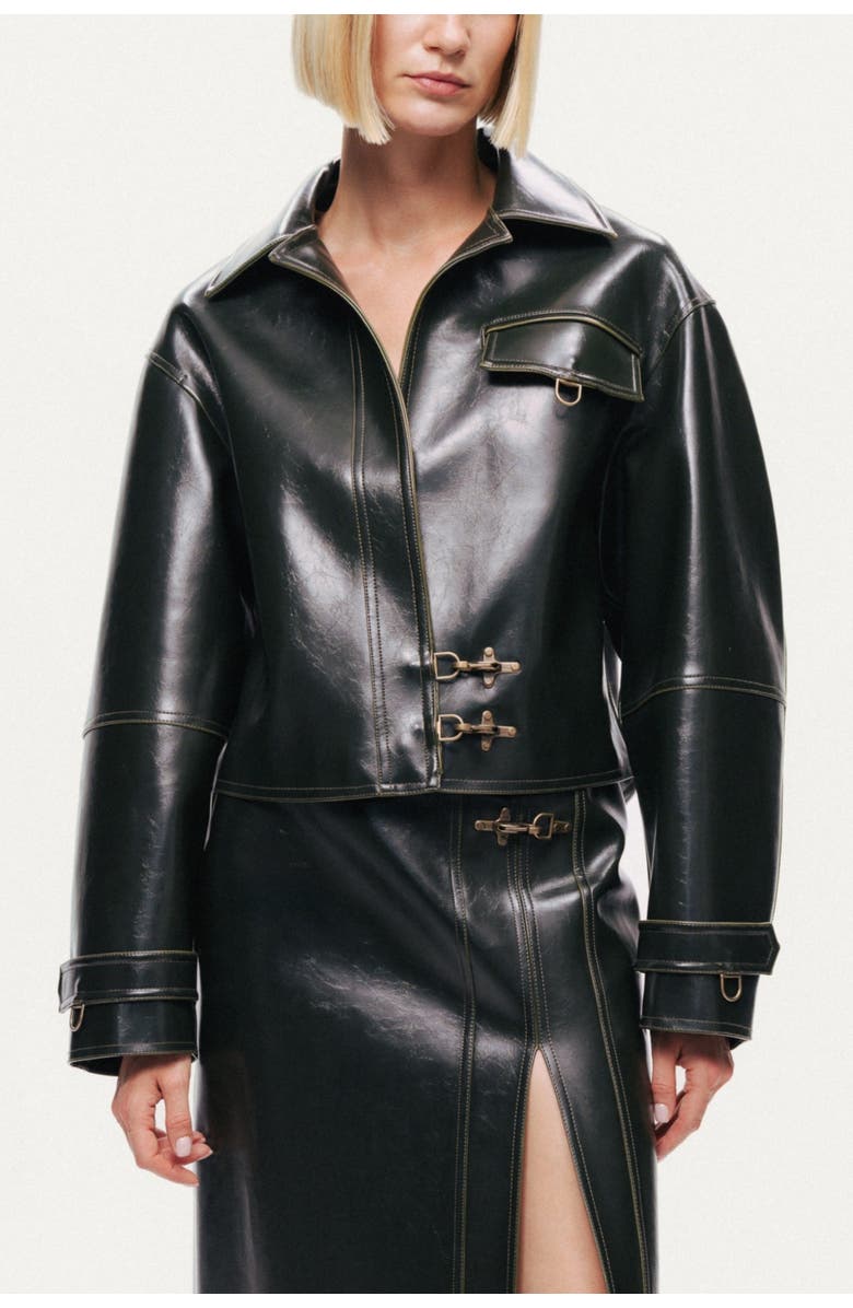 Nocturne Buckle Detail Faux Leather Jacket, Main, color, Dark Green