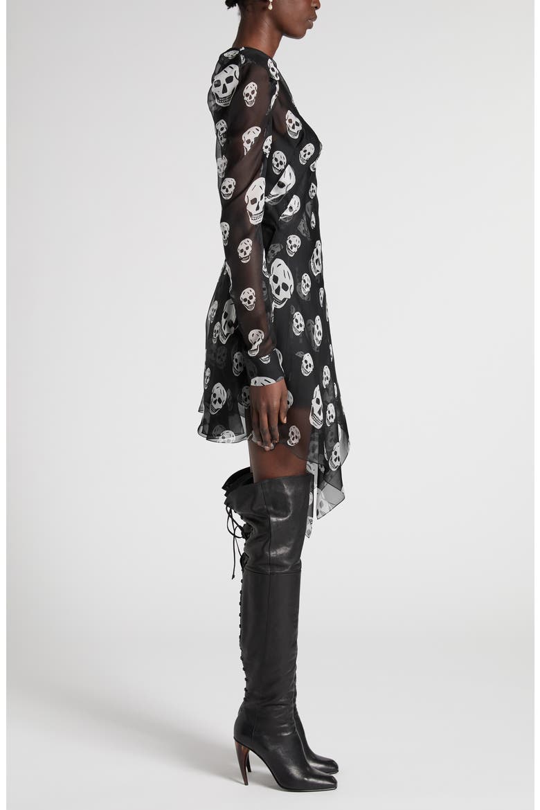 Skull Print Long Sleeve Silk Chiffon Wrap Dress, Alternate, color, BLACK - WHITE