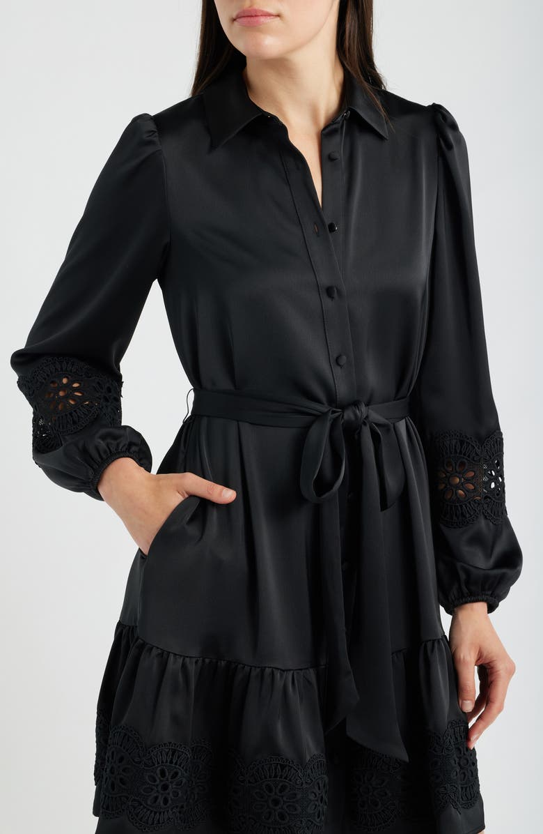 Anne Klein Lace Trim Long Sleeve Tie Belt Satin Shirtdress, Alternate, color, Anne Black
