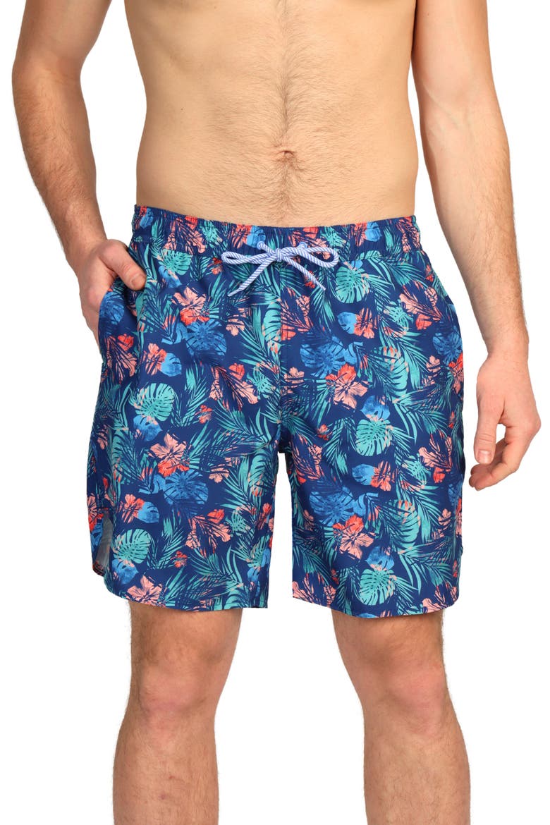 Tropical Print Swim Trunks, Main, color, NAVY