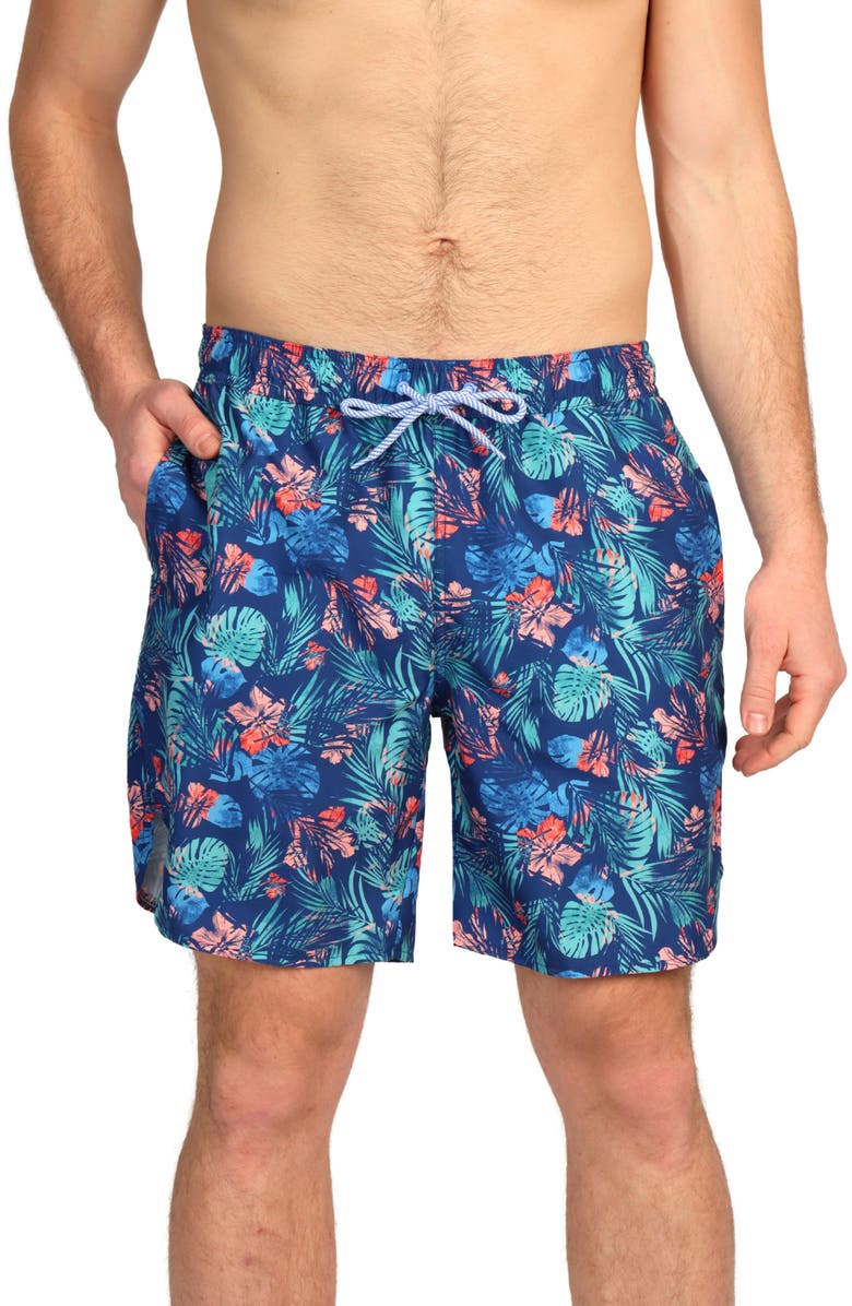 TailorByrd Tropical Print Swim Trunks, Main, color, Navy
