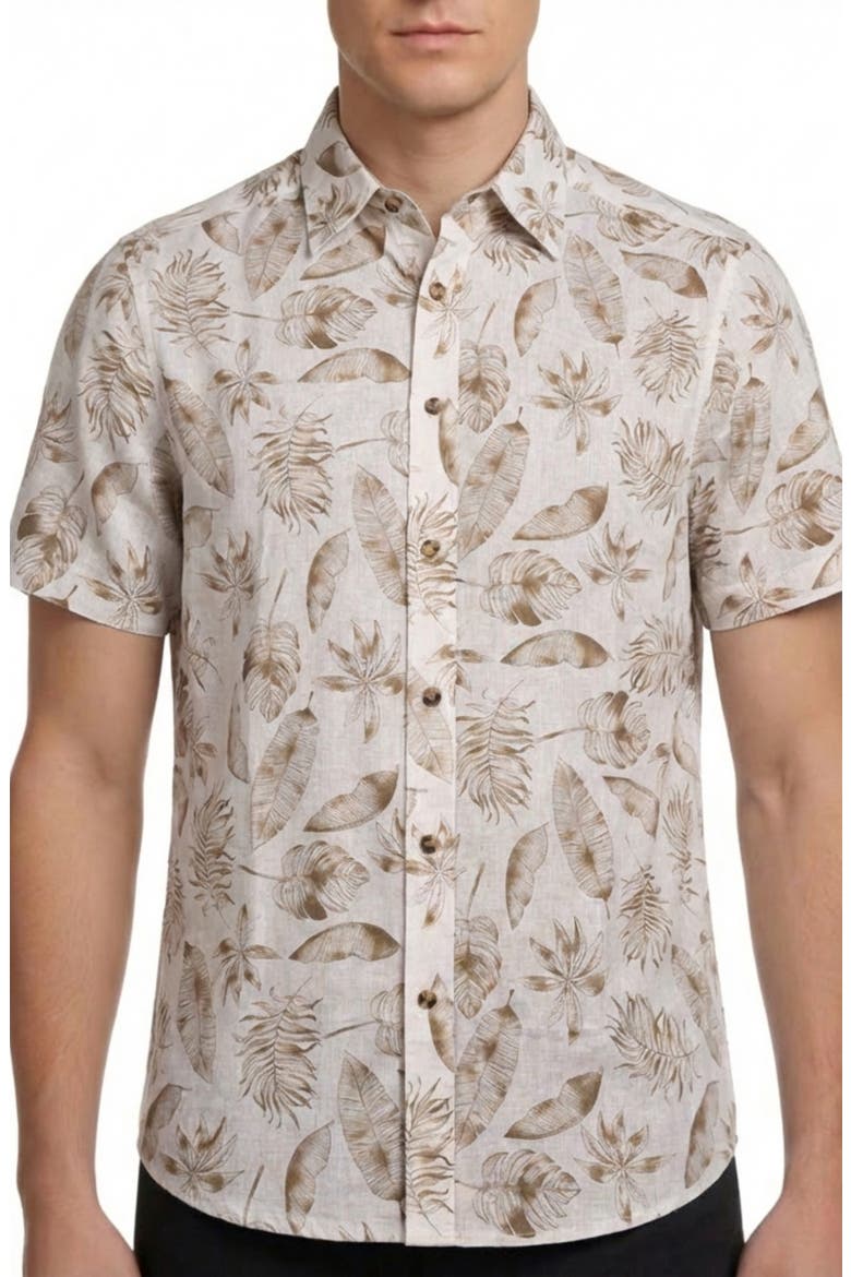 Tropical Print Short Sleeve Linen & Cotton Button-Up Shirt, Main, color, BEIGE