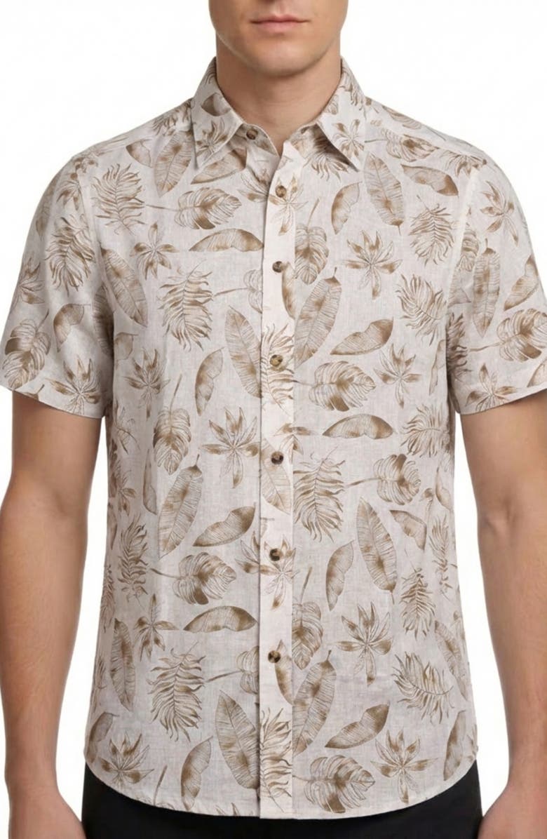 Report Collection Tropical Print Short Sleeve Linen & Cotton Button-Up Shirt, Main, color, Beige