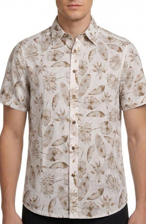 Tropical Print Short Sleeve Linen & Cotton Button-Up Shirt