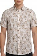 Report Collection Tropical Print Short Sleeve Linen & Cotton Button-Up Shirt