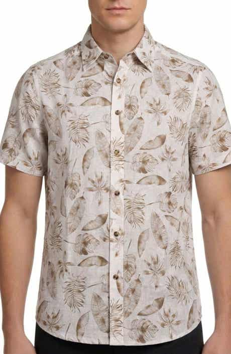Report Collection Tropical Print Short Sleeve Linen & Cotton Button-Up Shirt