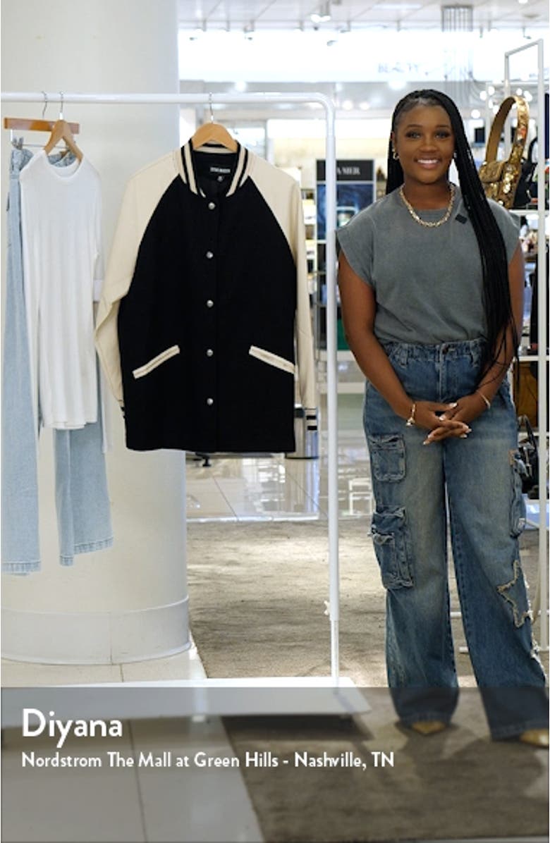 Skylie Faux Leather Sleeve Twill Stadium Bomber Jacket, sales video thumbnail