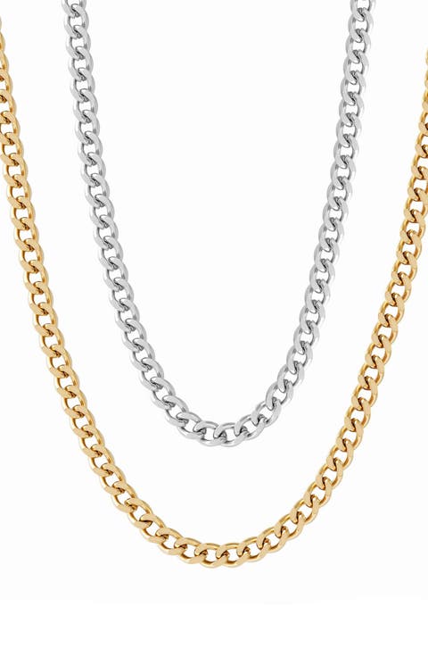Men's Set of 2 Water Resistant Curb Chain Necklaces