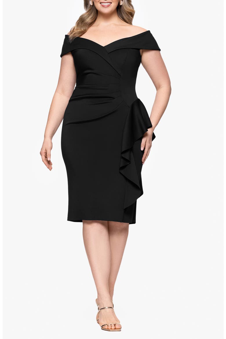 Ruffle Boat Neck Scuba Cocktail Dress, Main, color, BLACK