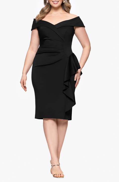 Ruffle Boat Neck Scuba Cocktail Dress (Plus)