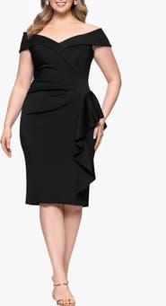 Xscape Evenings Ruffle Boat Neck Scuba Cocktail Dress