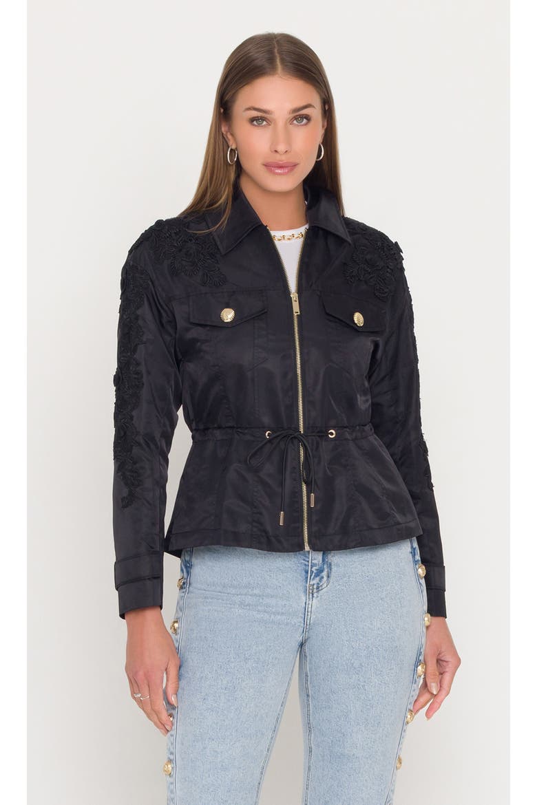 Janice Lace Combo Parka, Main, color, Black