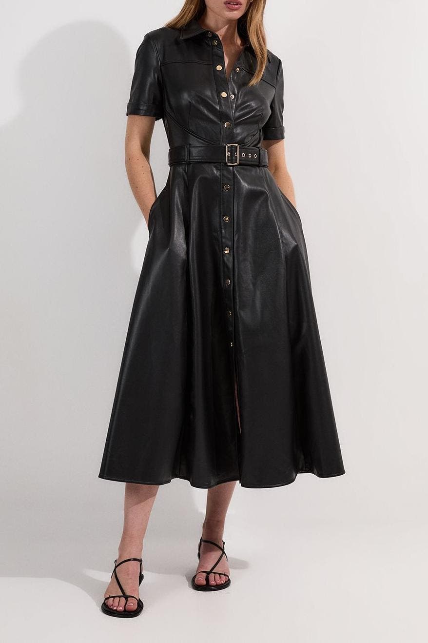 faux leather shirt dress Two-in-one Corset clean vertical seaming for a flattering drape Faux Leather Shirt Dress