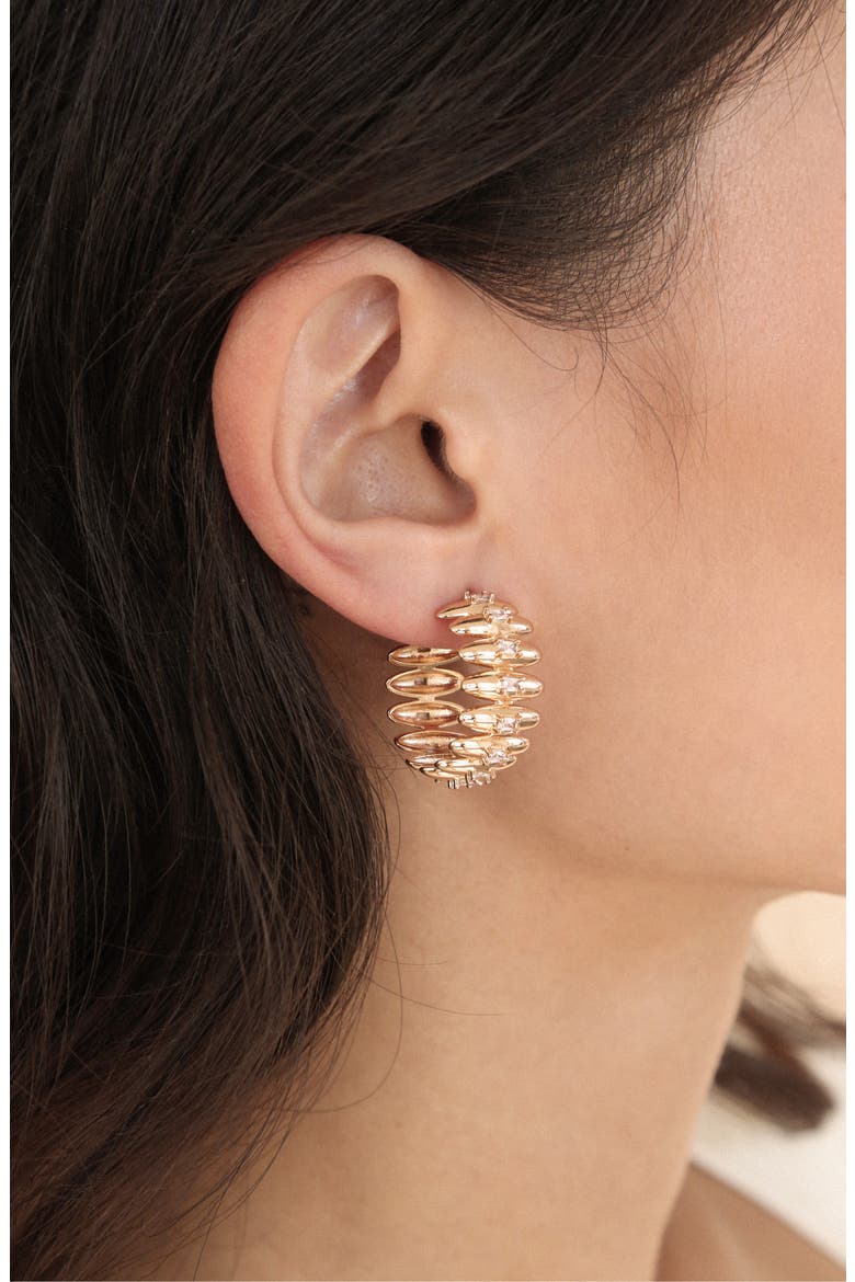 Baguette Cubic Zirconia Thick Oval Dome Hoop Earrings, Alternate, color, GOLD