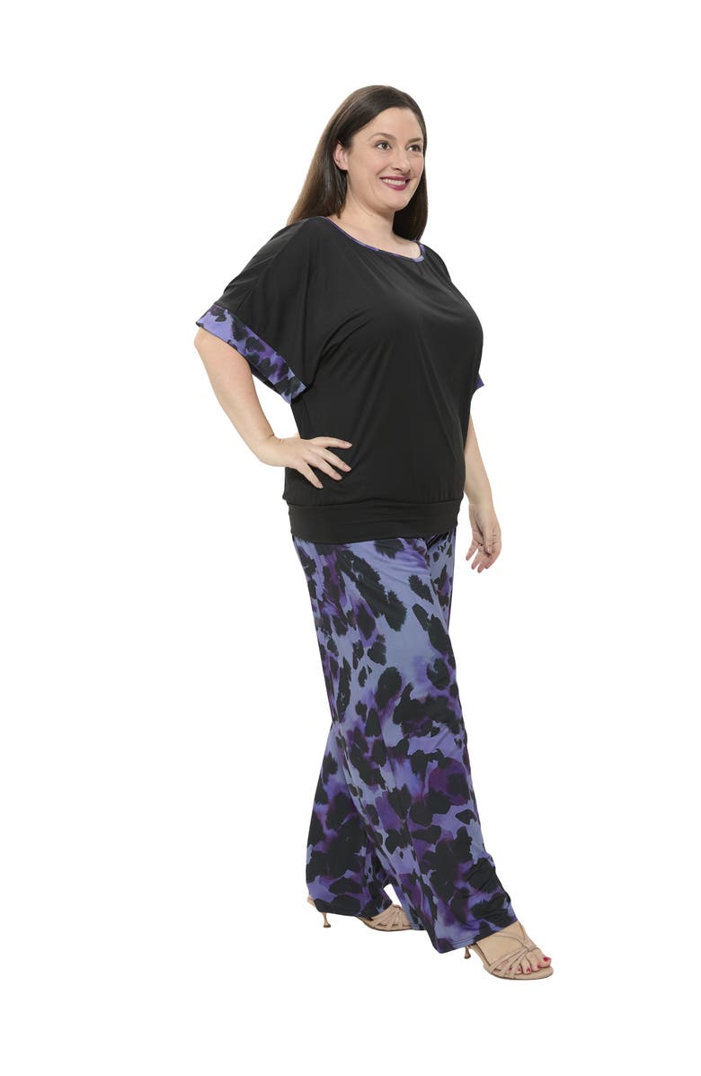 24seven Comfort Apparel Plus Size Animal Print Boat Neck Short Dolman Sleeve Top and Pant Set, Alternate, color, Purple Multi