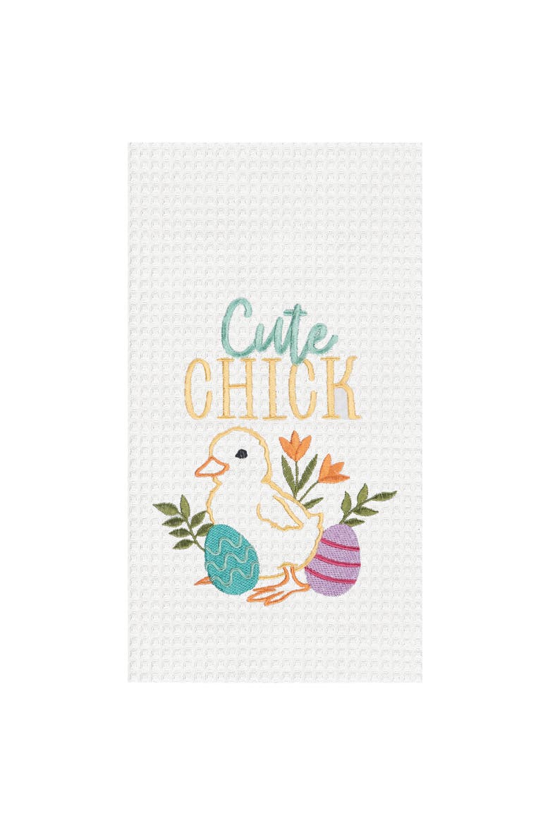 "Cute Chick" Easter Spring Embroidered Cotton Waffle Weave Kitchen Dishtowel, Main, color, White