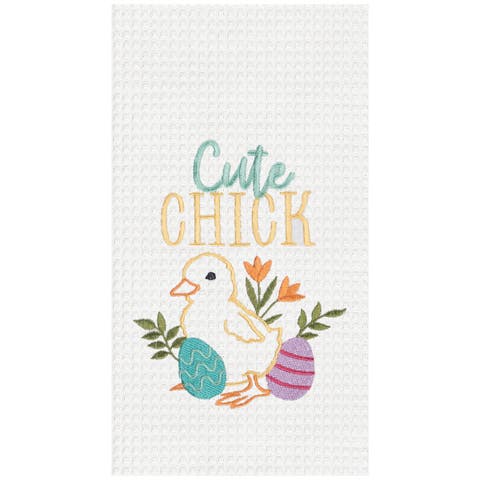 "Cute Chick" Easter Spring Embroidered Cotton Waffle Weave Kitchen Dishtowel