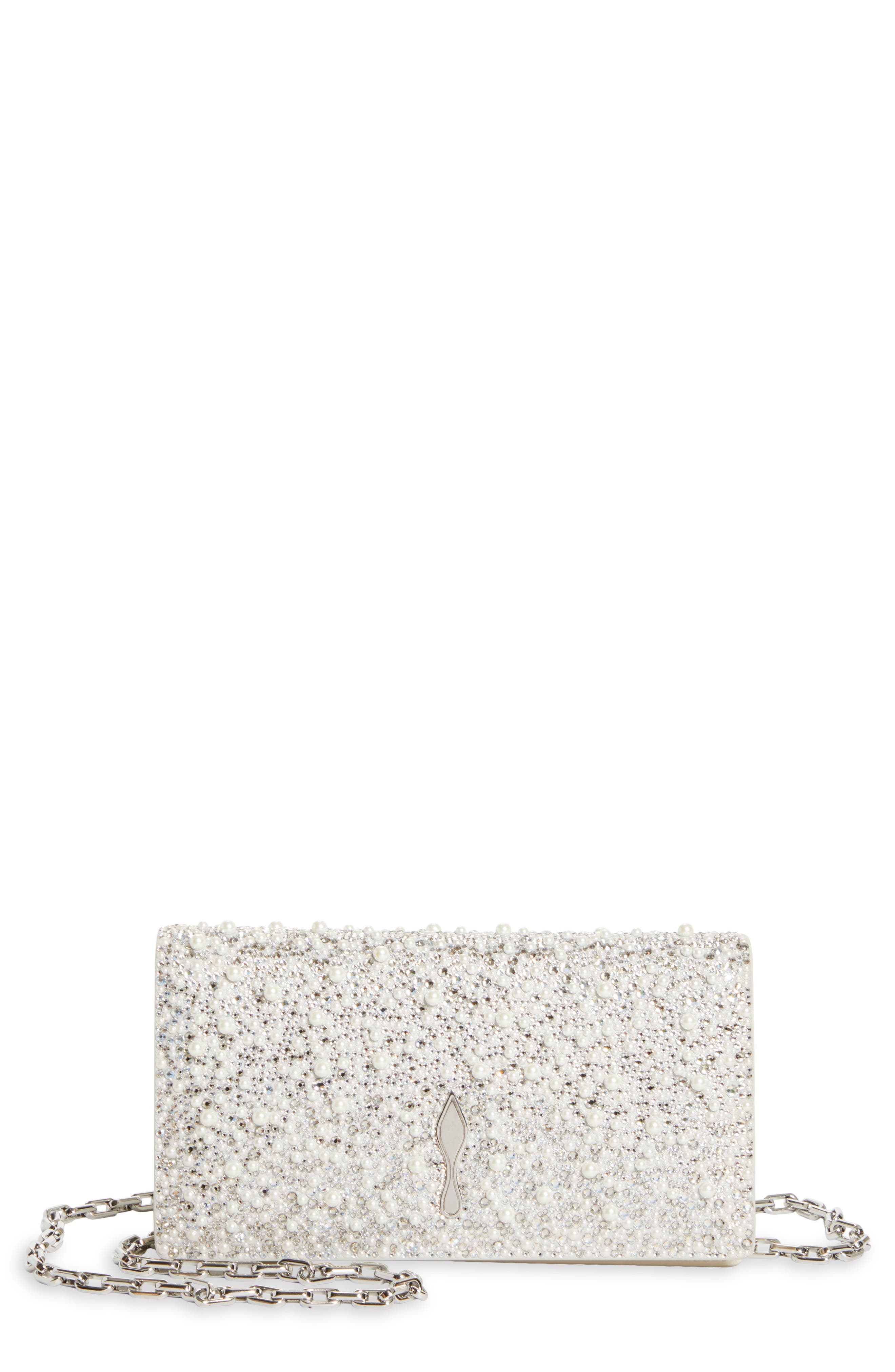 Christian Louboutin Bettina Crystal & Faux Pearl Embellished Suede Clutch, Main, color, Silver