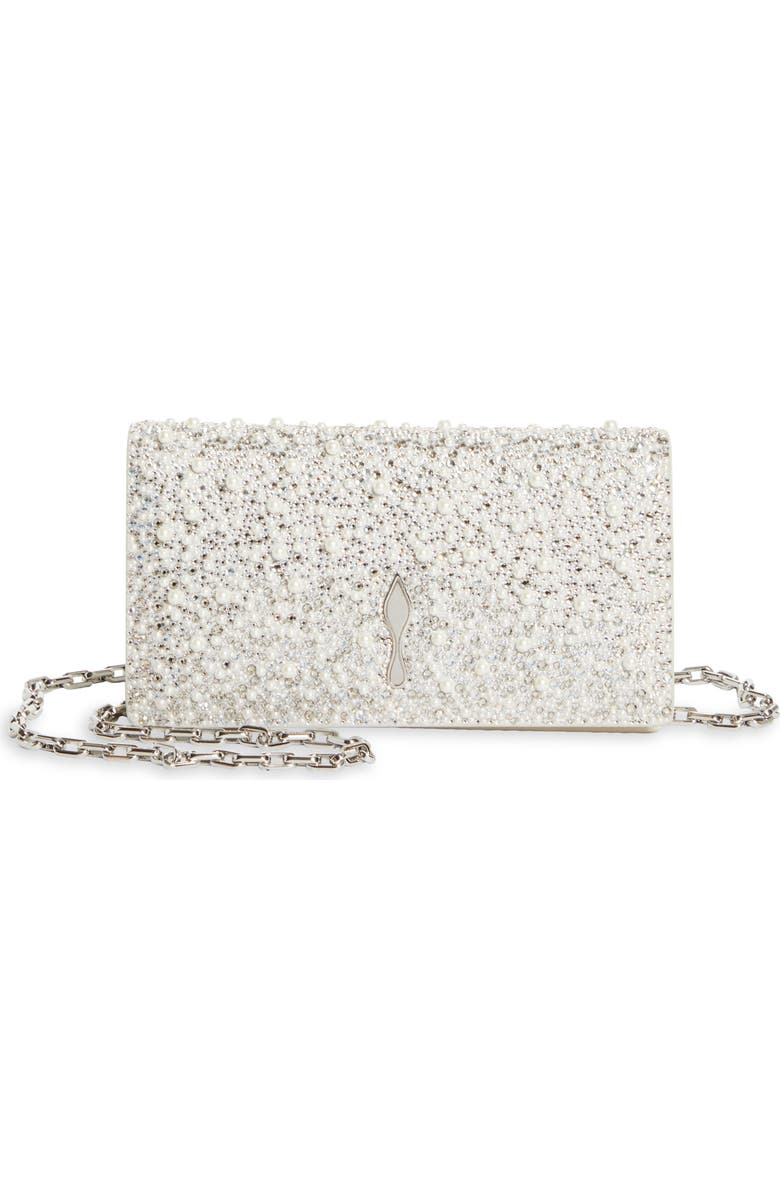 Christian Louboutin Bettina Crystal & Faux Pearl Embellished Suede Clutch, Main, color, Silver