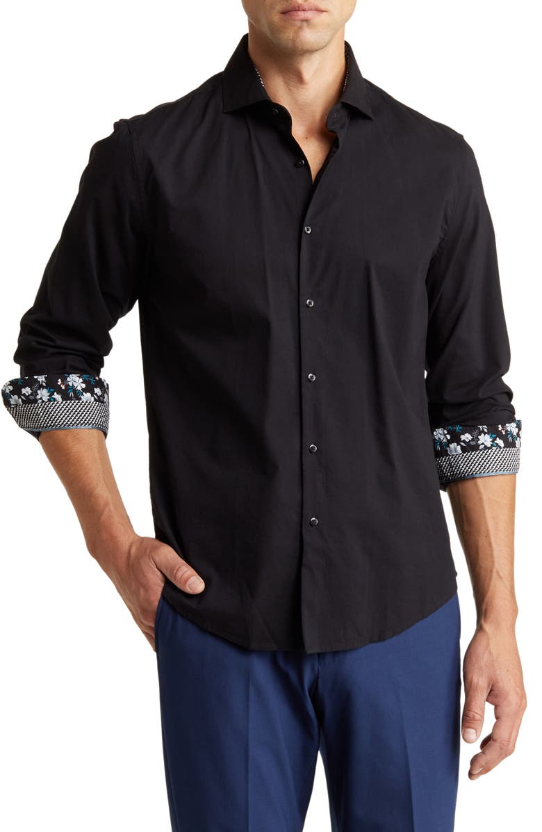 DENIM AND FLOWER Tech Long Sleeve Button-Up Shirt, Main, color, Black
