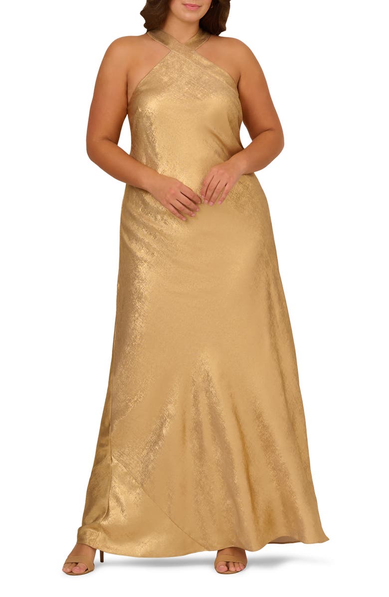Adrianna Papell Foil Woven Halter Gown, Main, color, 