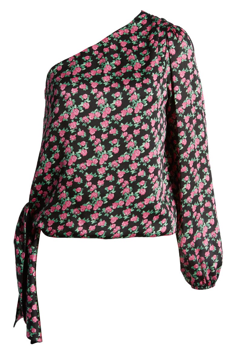 Wren Rose Print One-Shoulder Satin Blouse, Alternate, color, BLACK MINI ROSES