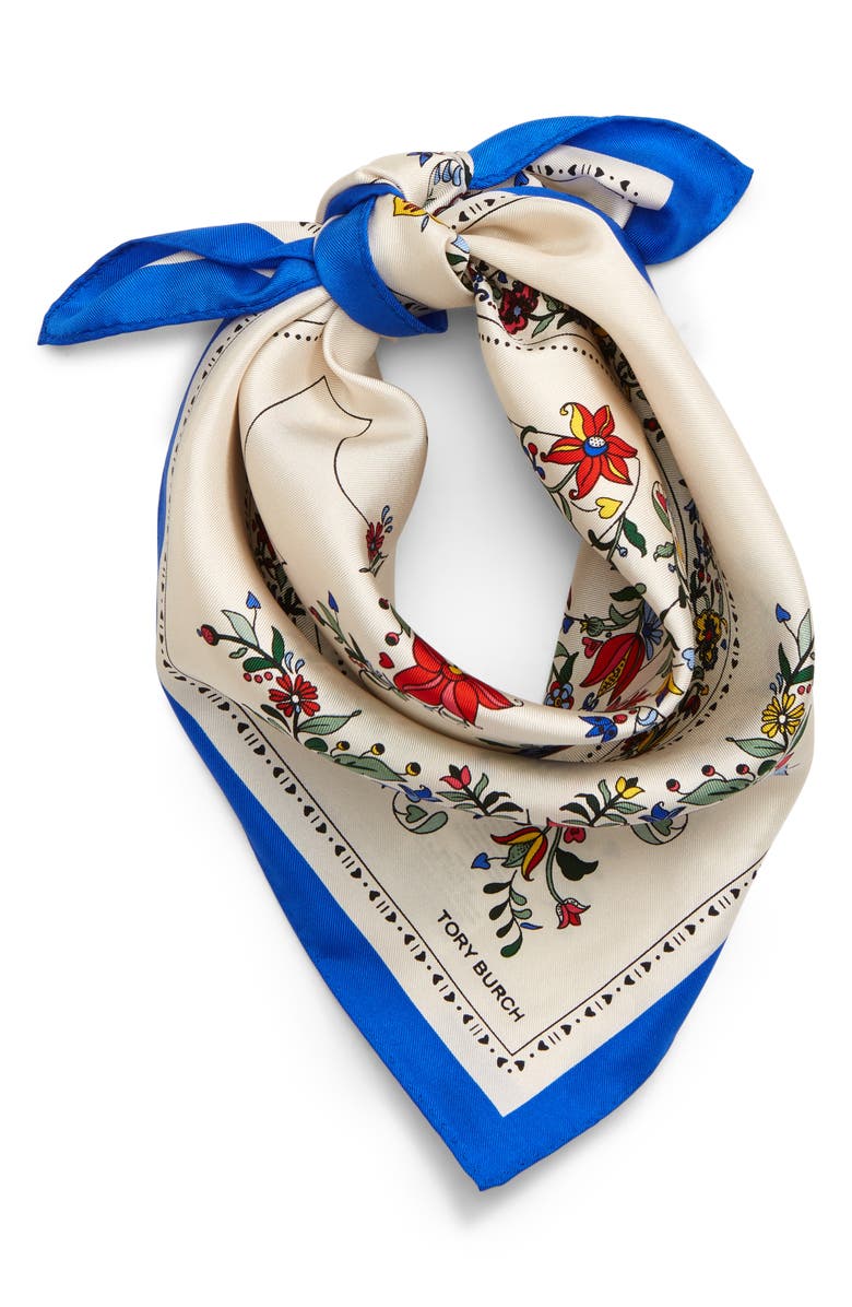 Tory Burch Floral Logo Silk Square Scarf, Main, color, 